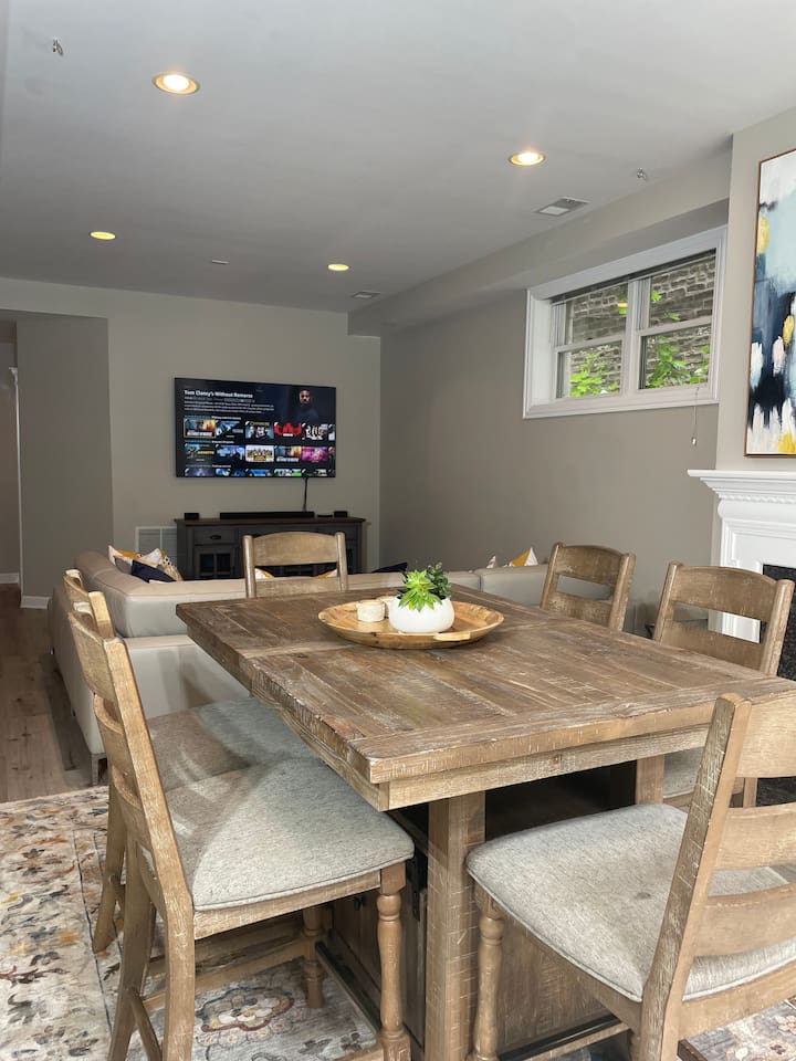 Dining setup ready for group meals or remote work