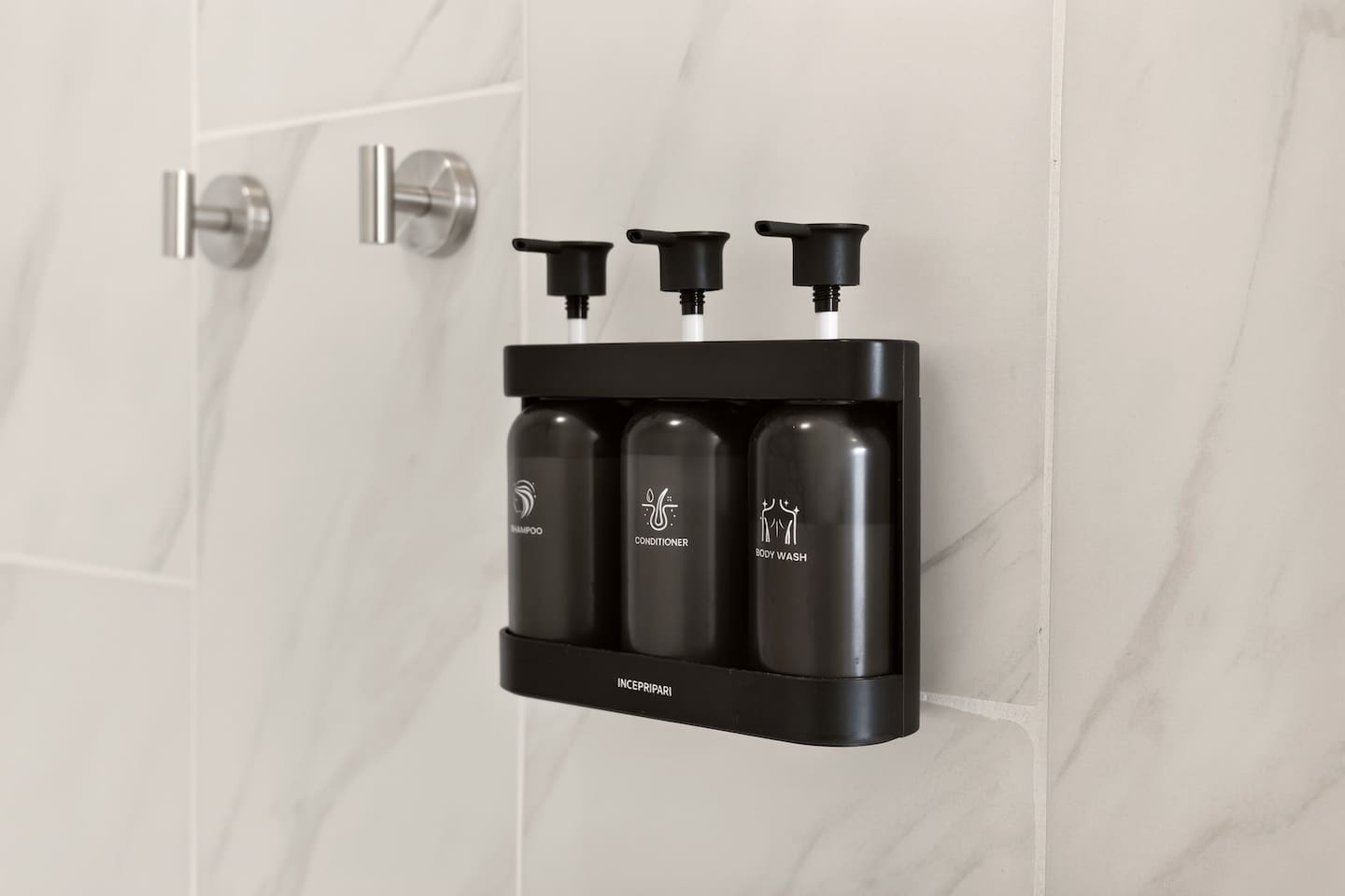 An initial supply of complimentary shampoo, conditioner and body wash are provided.