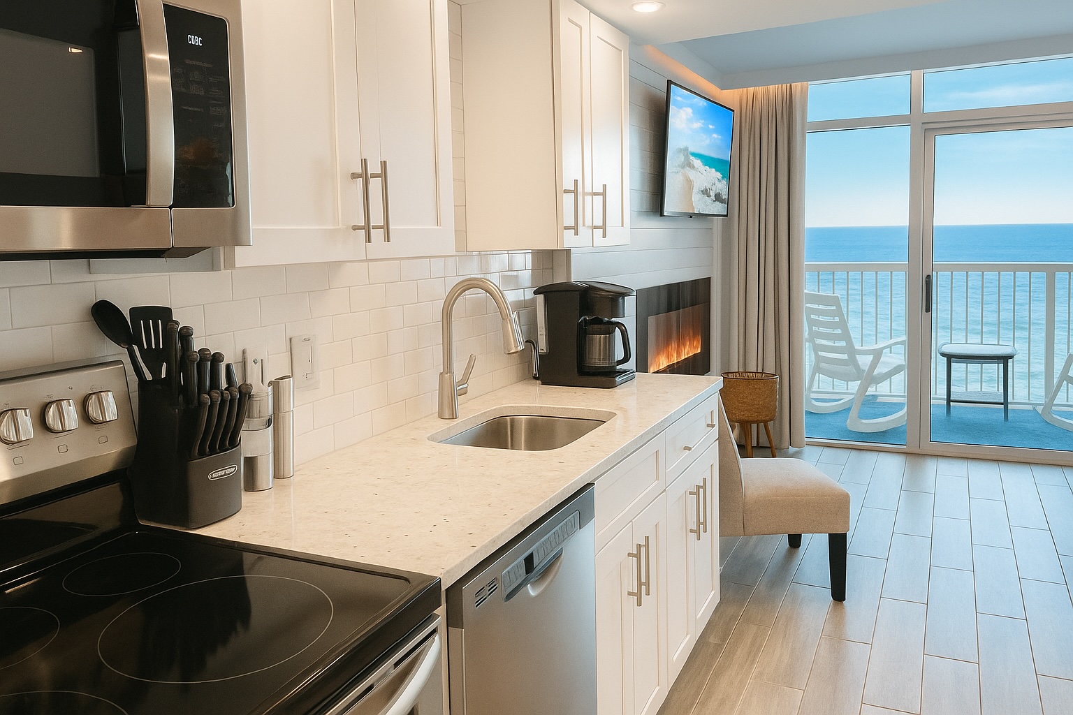 Actual balcony view — wake up to endless Atlantic Ocean sunrises. renovated kitchen with quartz counters & stainless appliances — everything you need for meals with a view