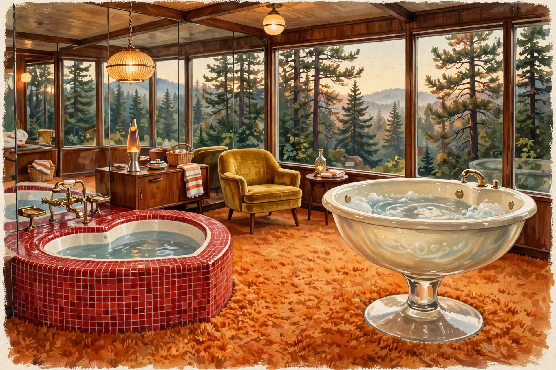 Illustration of a 1960s Poconos honeymoon suite with a heart-shaped tub