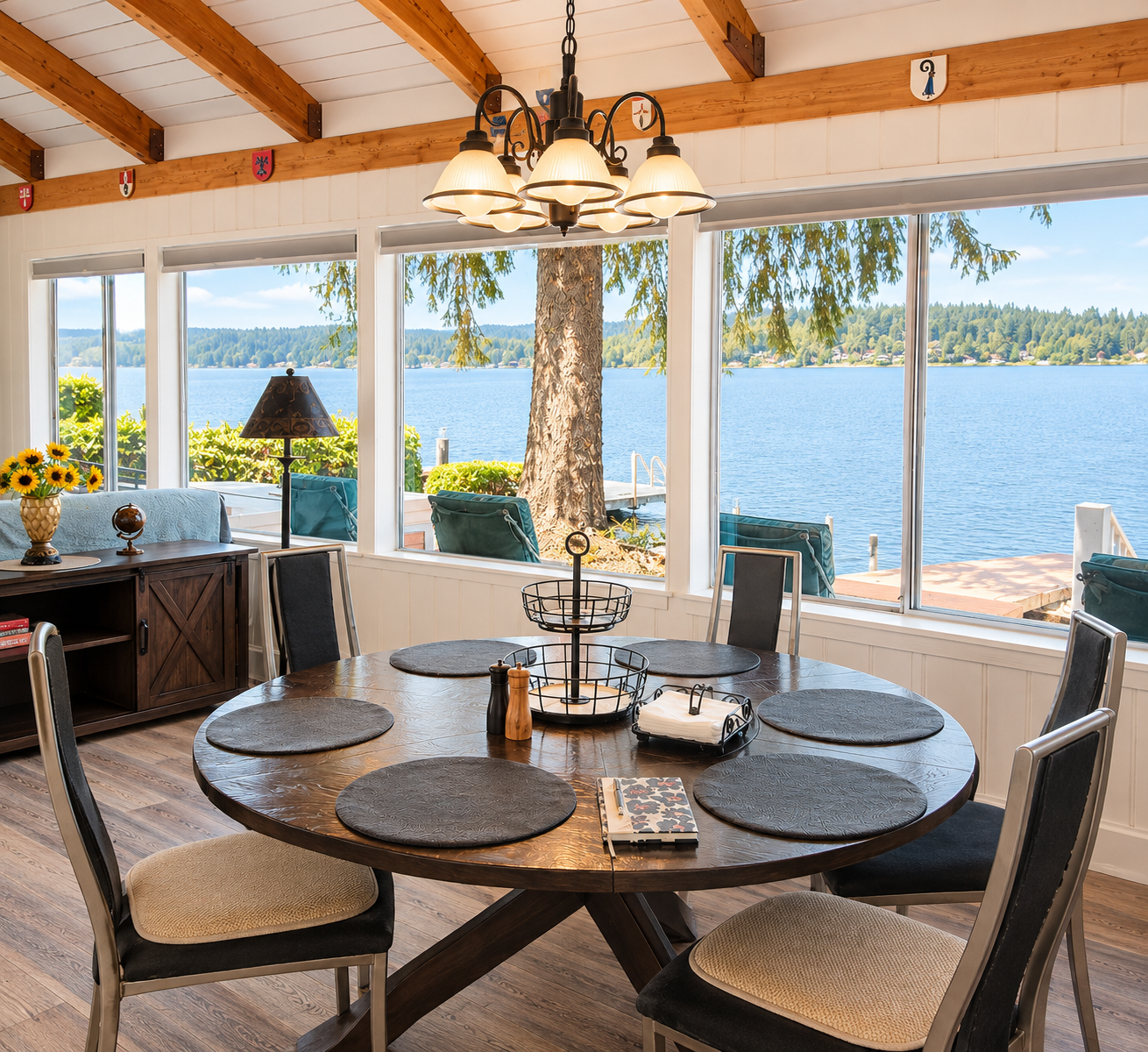 Dining room with comfortable seating for six, perfect for enjoying meals together or gathering for a relaxed evening.