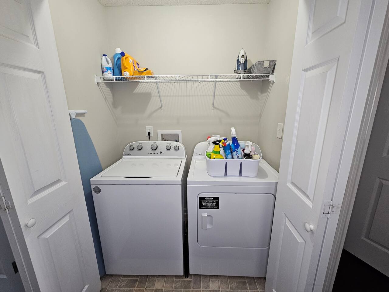 Brand new washer and dryer. You will find an ironing board, iron, and step stool here.  Complimentary laundry and cleaning supplies are provided. 