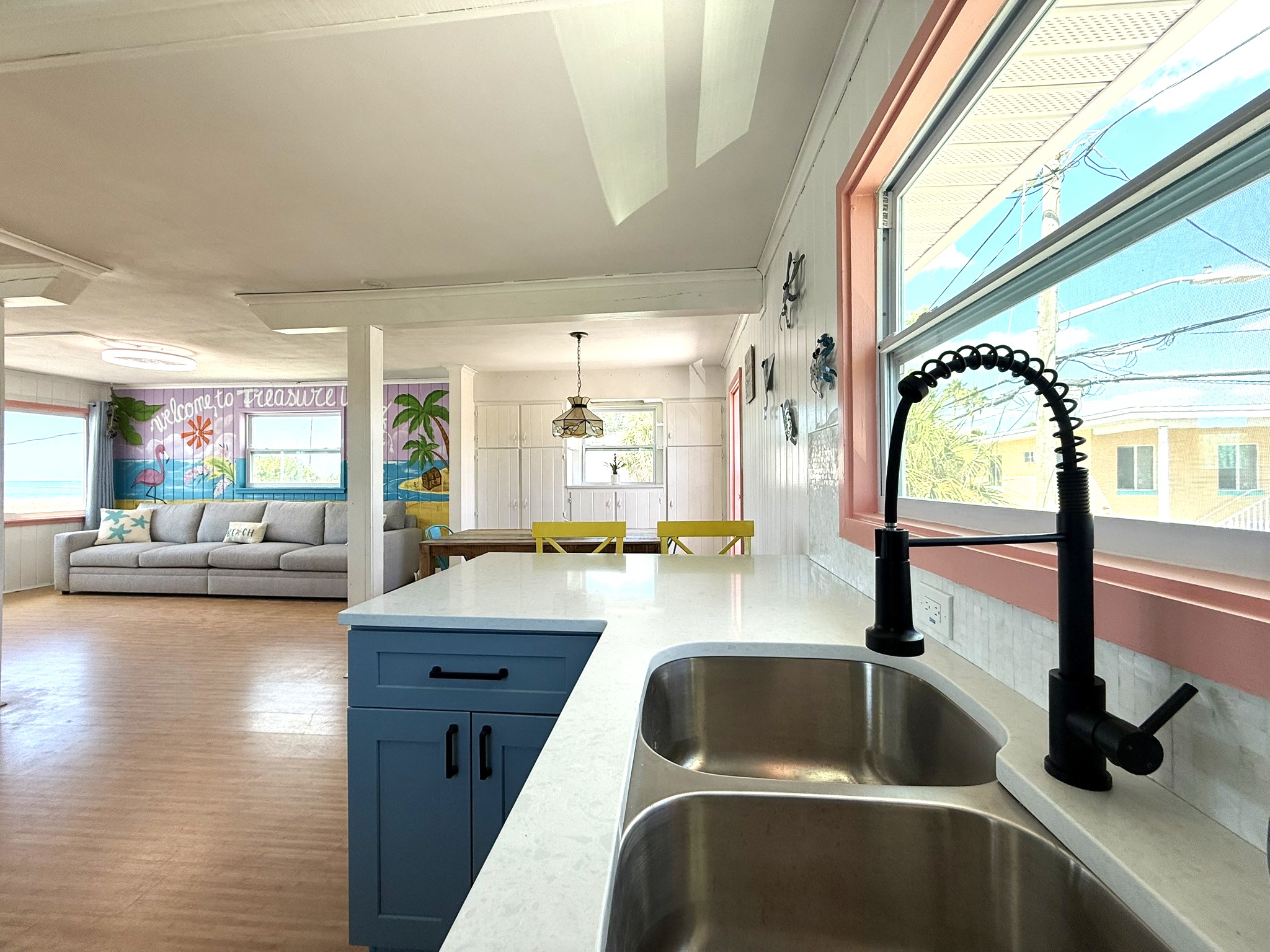 Retro Kitchen Area Looking into Living & Dining Area