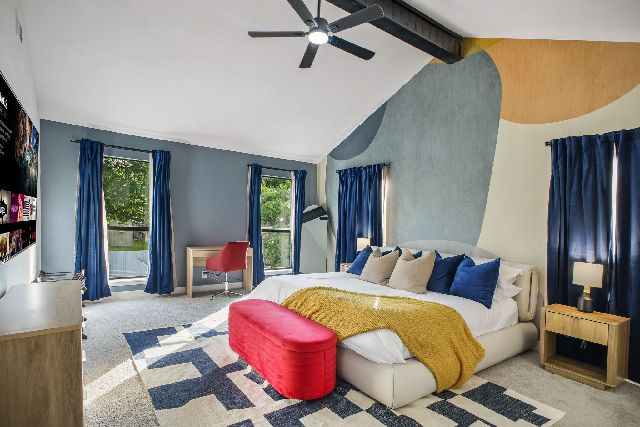 Master Bedroom: Peaceful retreat blending modern Southwest style with comfort and art.