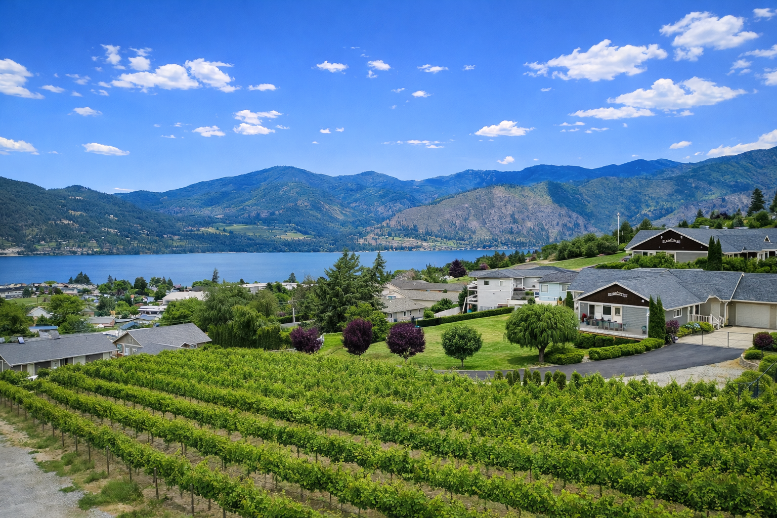 Living room views of the lake and neighboring vineyard