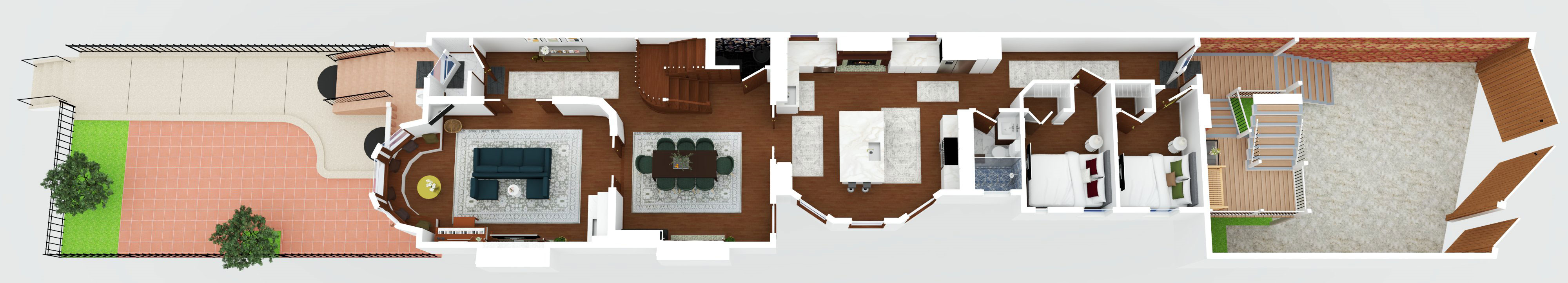 The first floor has the living room (with reading nook, fireplace, piano, and bar area), dining room, kitchen, 2 full bedrooms and 1.5 bathrooms, with access to the rear deck from the back