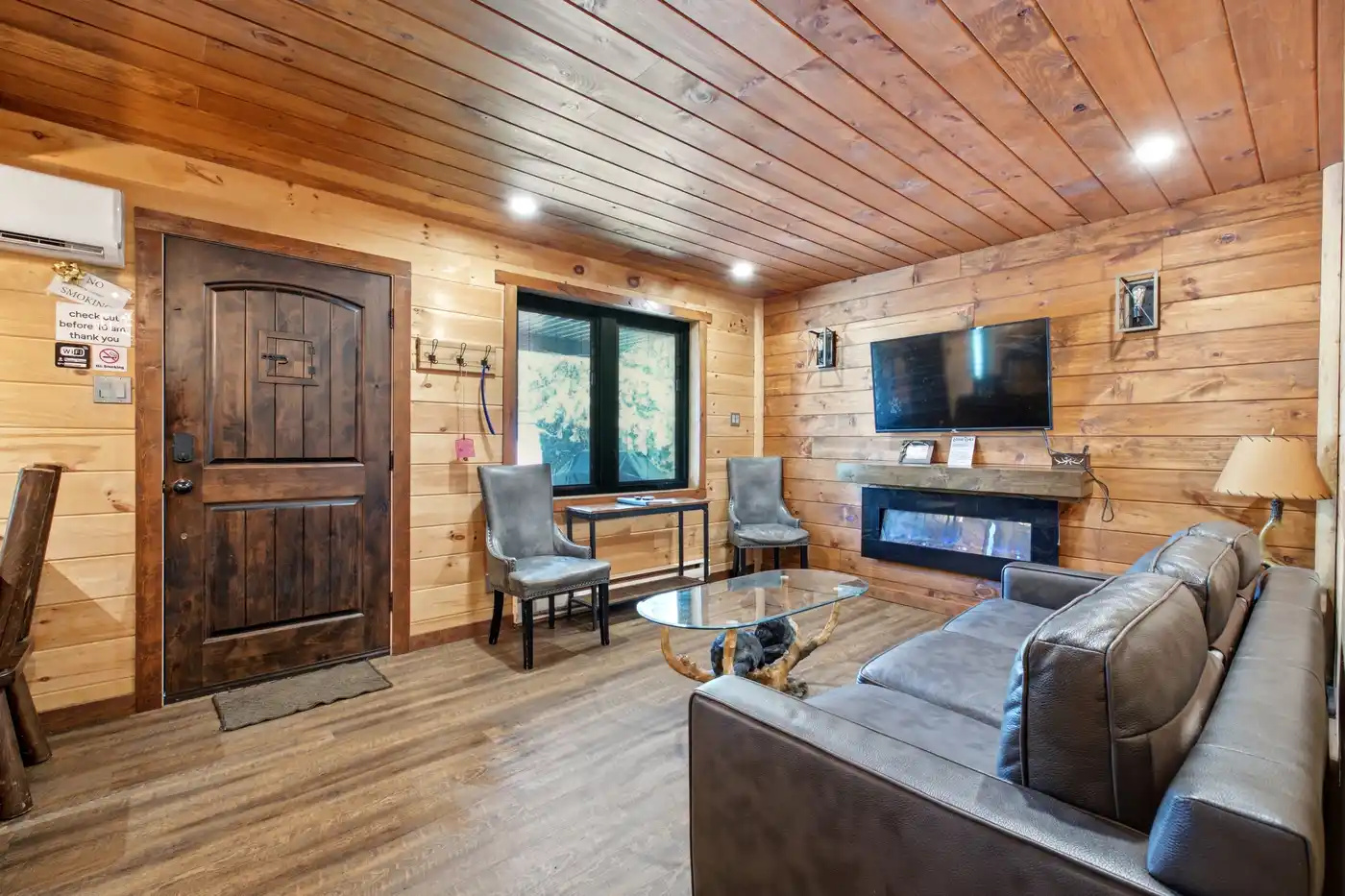 Spacious main living area with fireplace and comfortable seating