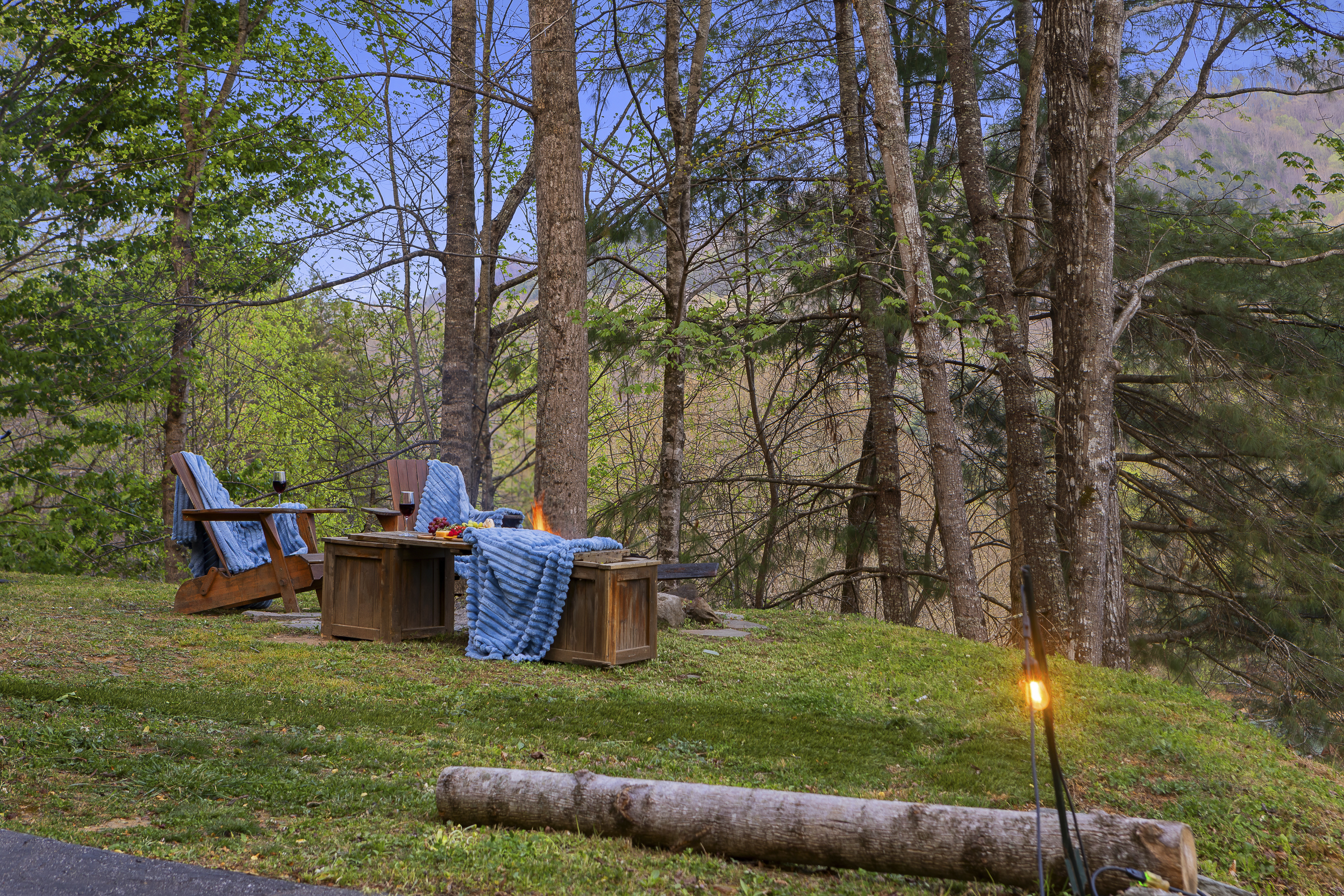 Outdoor Relaxation Nook: Sip wine by the fire surrounded by nature's beauty in Robbinsville!