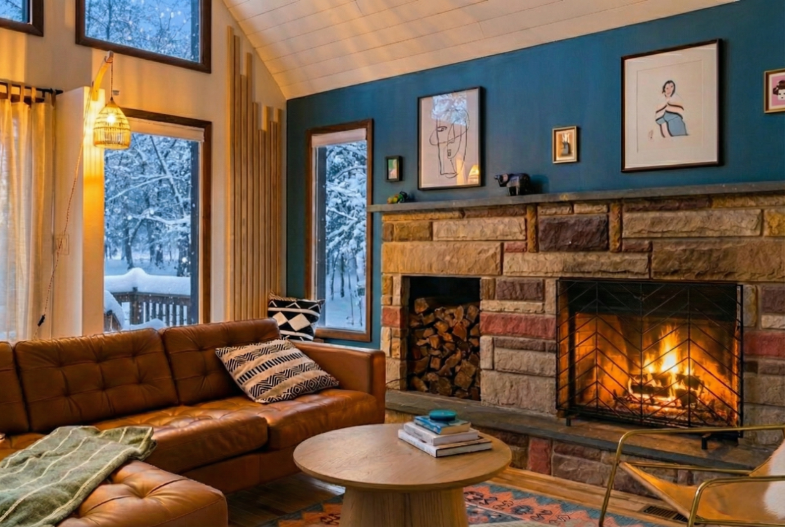Get cozy after a long day of skiing or activities - comfy leather couch and stylish furniture around a wood-burning fireplace
