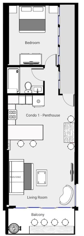 Condo 1 floorplan with King bed in the bedroom and a king murphy sofabed (real mattress) in the living room