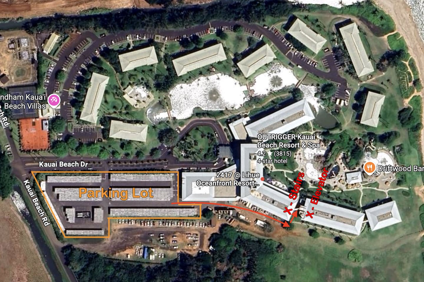 Alternative route to unit during construction - Requires one flight of stairs. From parking lot, follow red arrow. You can either take elevator to 3rd floor, cross sky bridge, and go up one flight of stairs. Or directly go up three flights of stairs