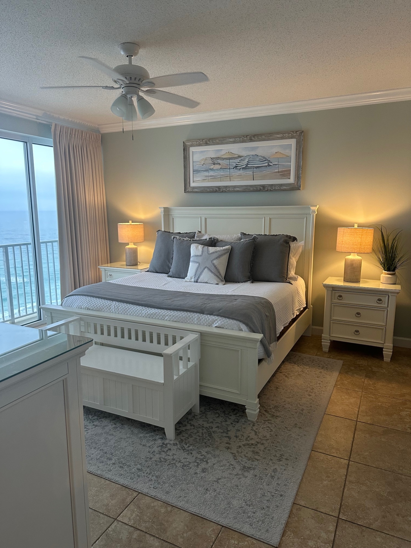 Master bedroom with king bed and beach view
