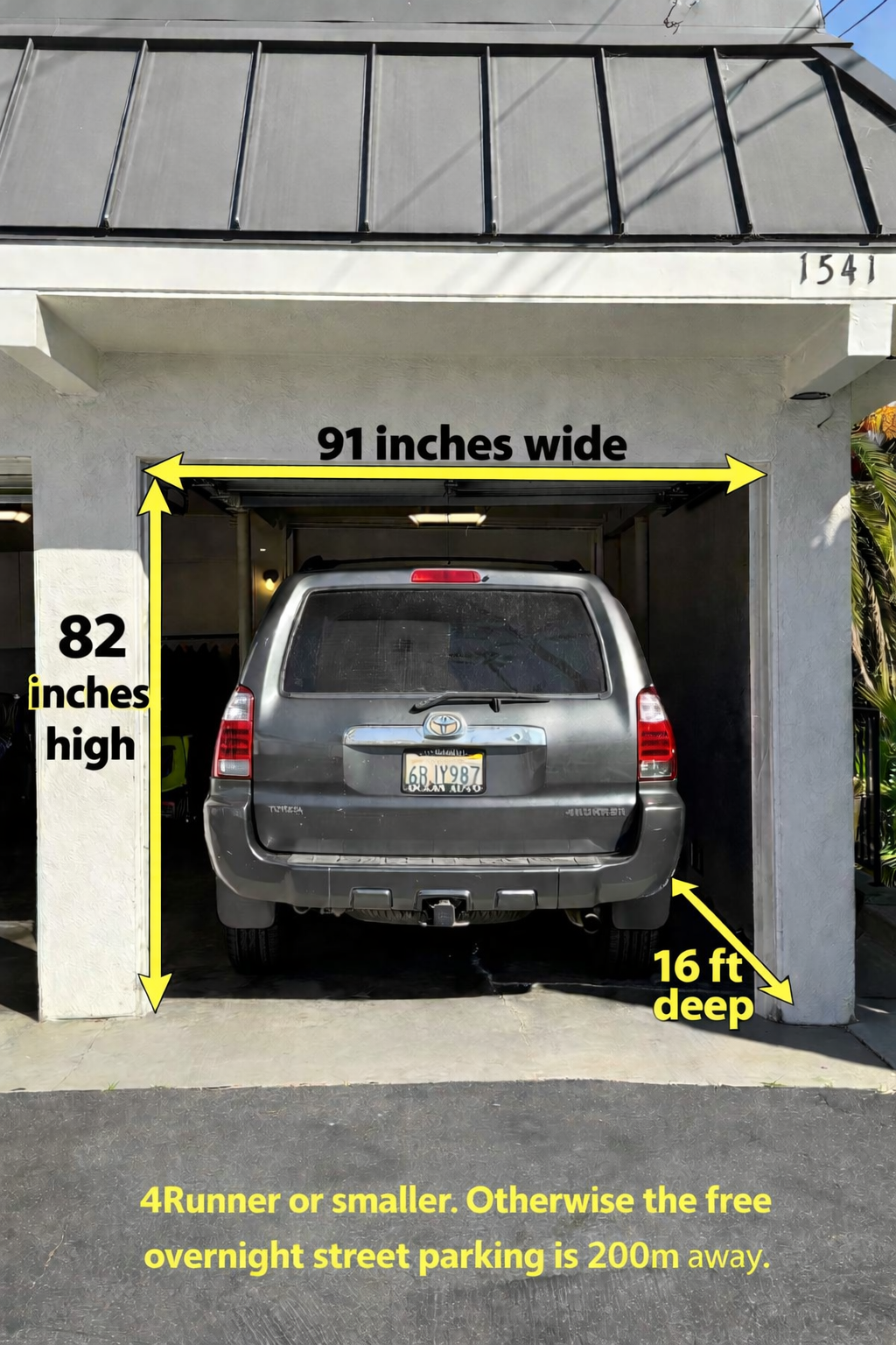 Garage parking for one car (4Runner or smaller).  Free overnight parking is available for 2nd or larger vehicles but it is 200 meters away from the garage.  We provide a map to show where.