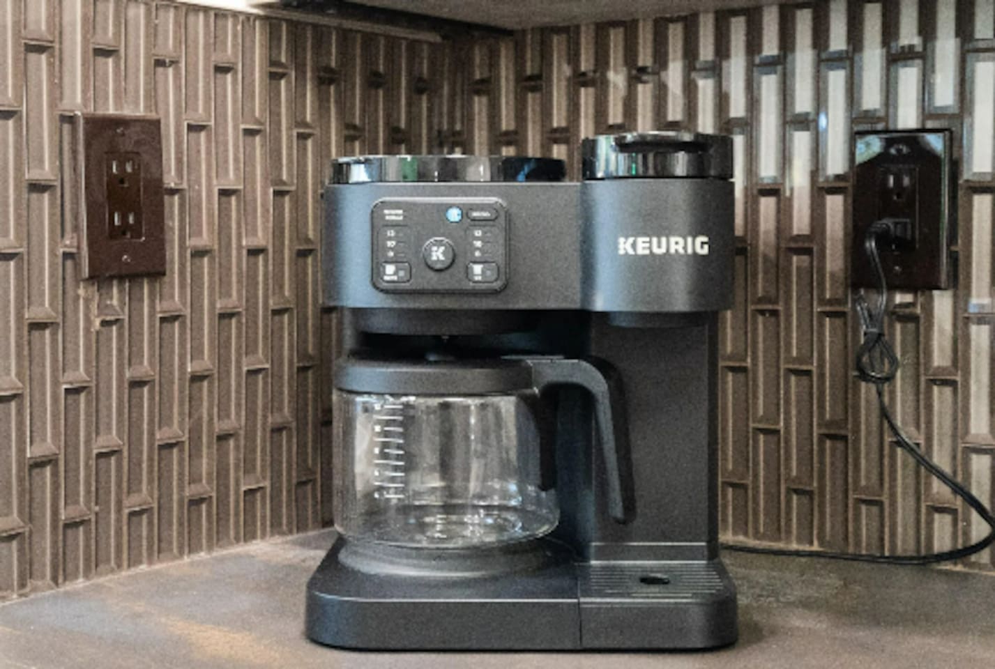 Mornings start easy with a built-in Keurig, so the first cup of coffee is never far away.