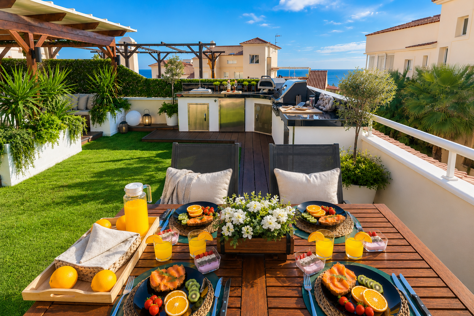 Cook with a view in the fully equipped outdoor kitchen featuring a BBQ, pizza oven, fridge, and sink. Dine al fresco under the open sky surrounded by soft lighting and fresh sea breeze.