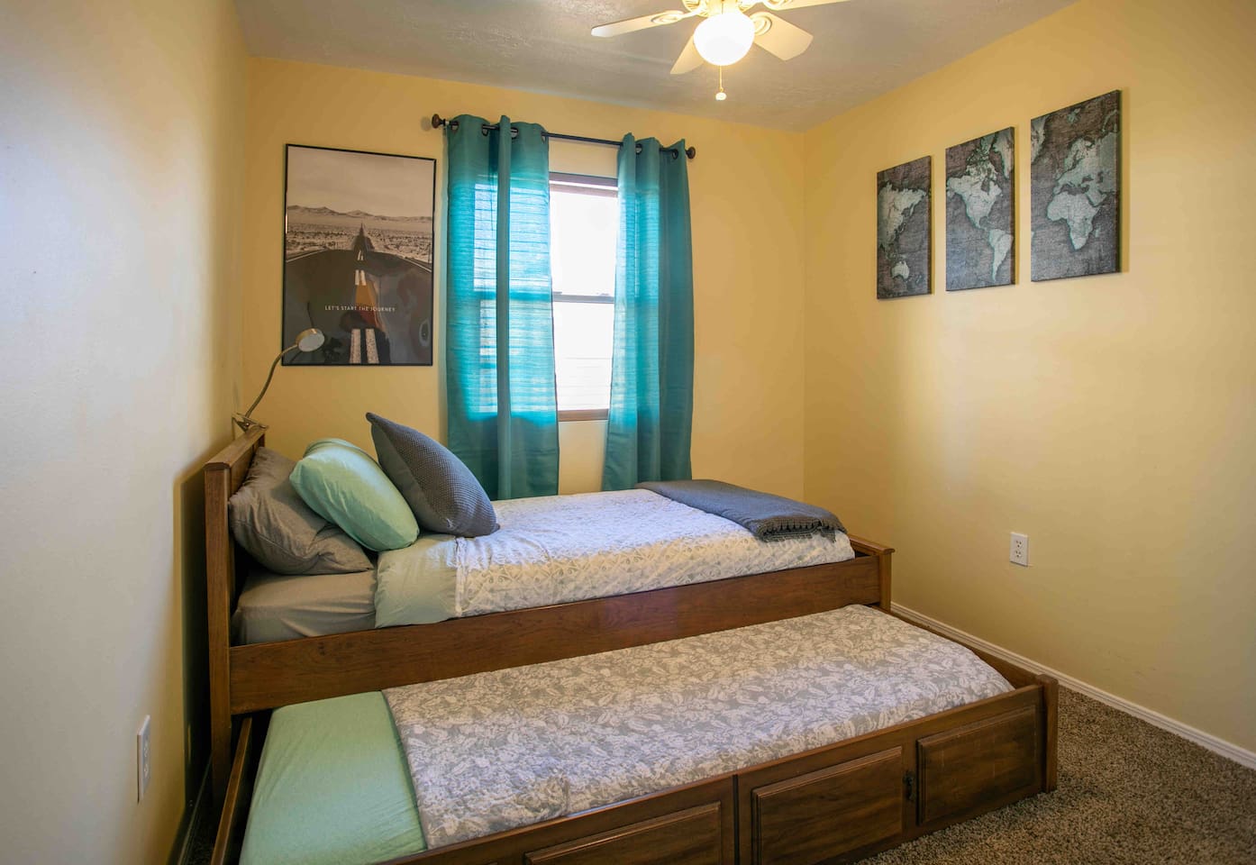 Currently this trundle bed is not available and has been replaced with a queen bed. Updated photos coming soon. 