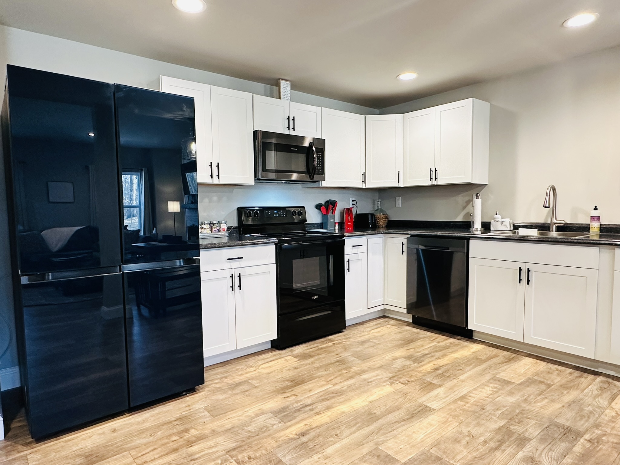 Plenty of refrigerator and counter space. Full size oven, microwave, dishwasher, and garbage disposal.