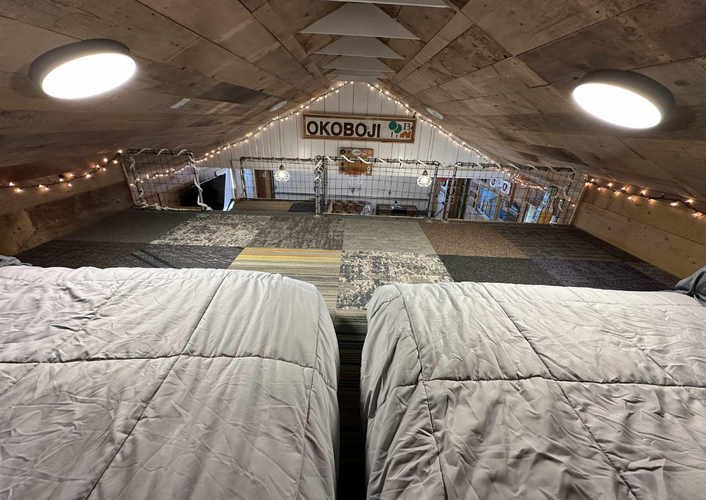 Futon mattresses. Note: low ceiling height.