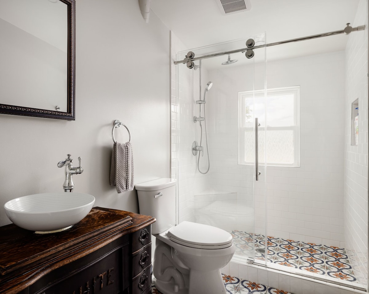 Bathroom 1, walk in shower, Spanish tile