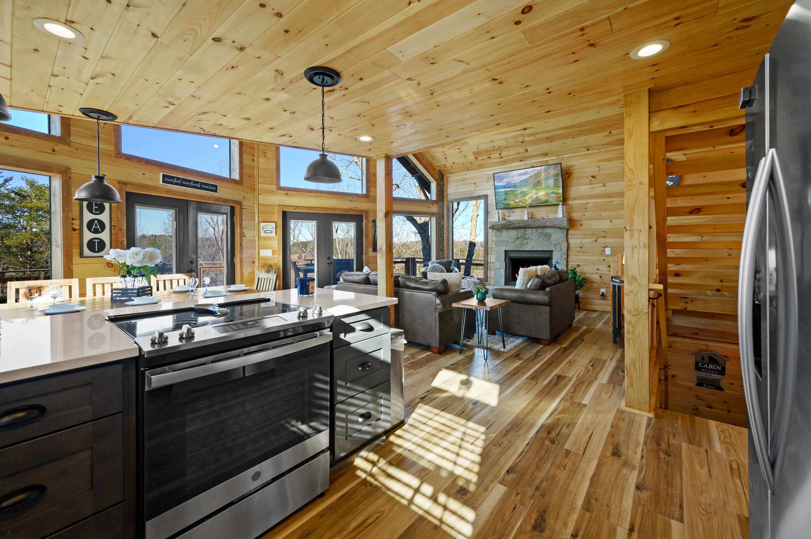 Cypress Kitchen into living room view