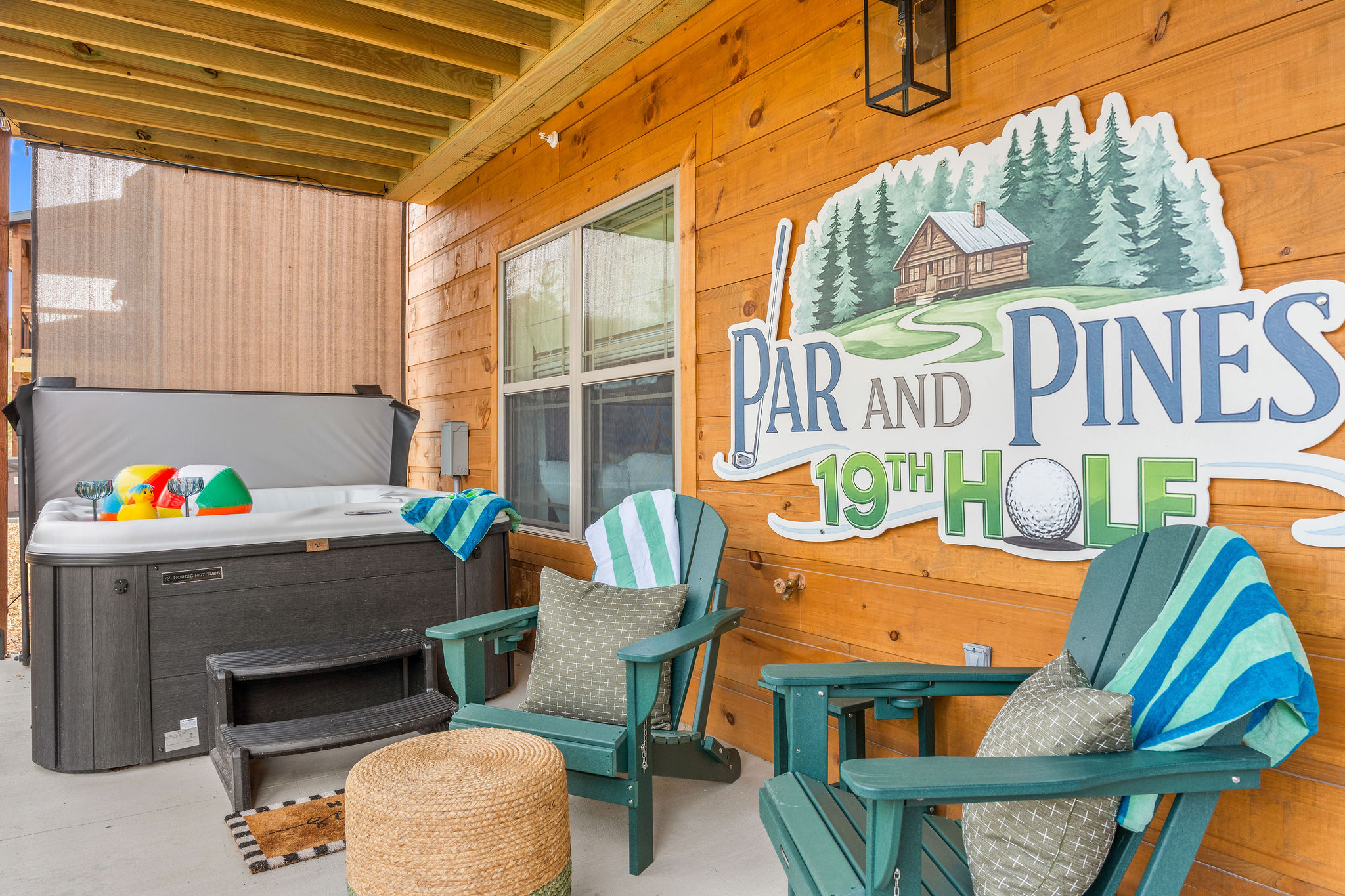 The lower level patio feature a private hot tub, lounging area and gas fire table