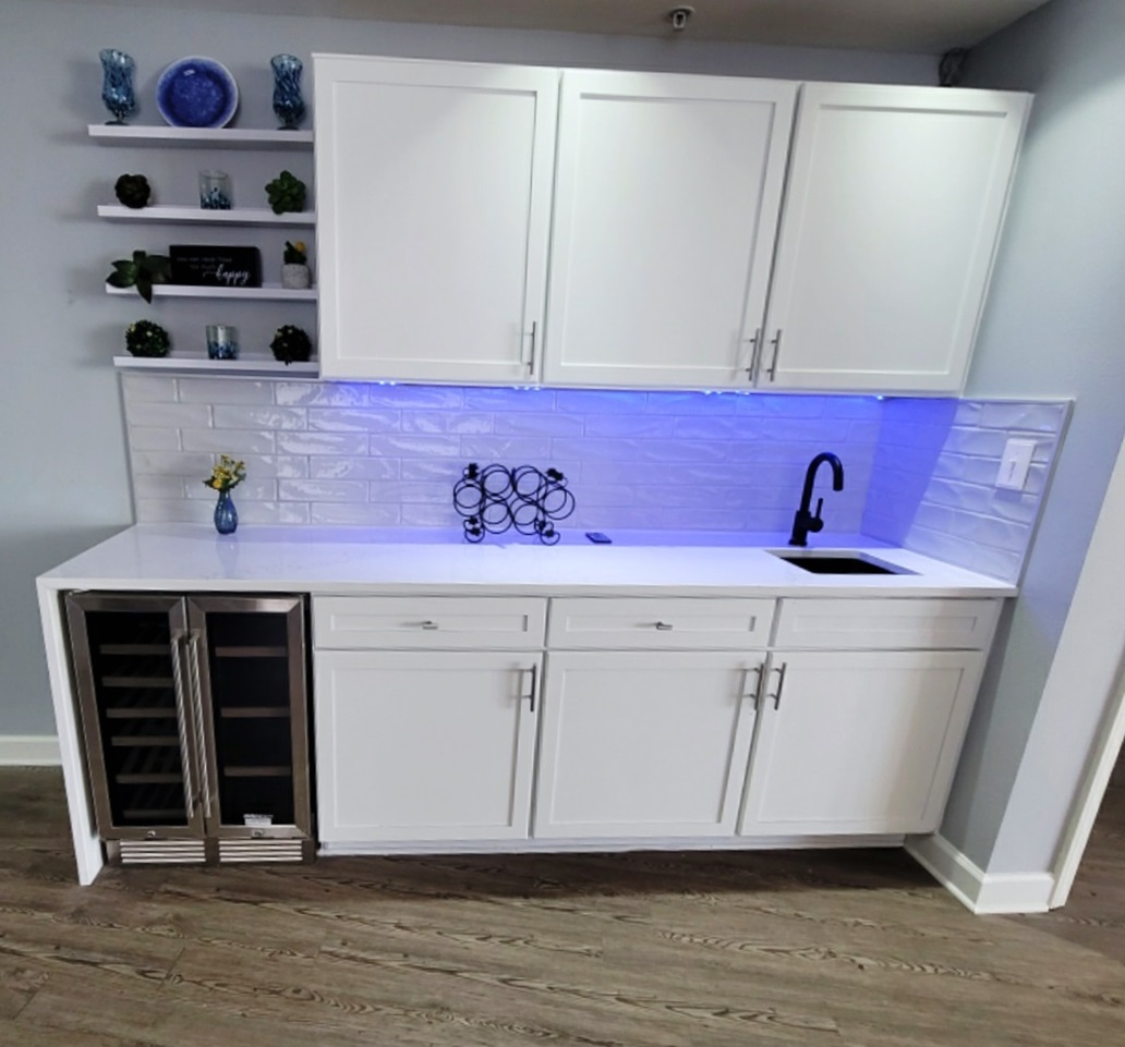 1207 wet bar and beverage fridge.