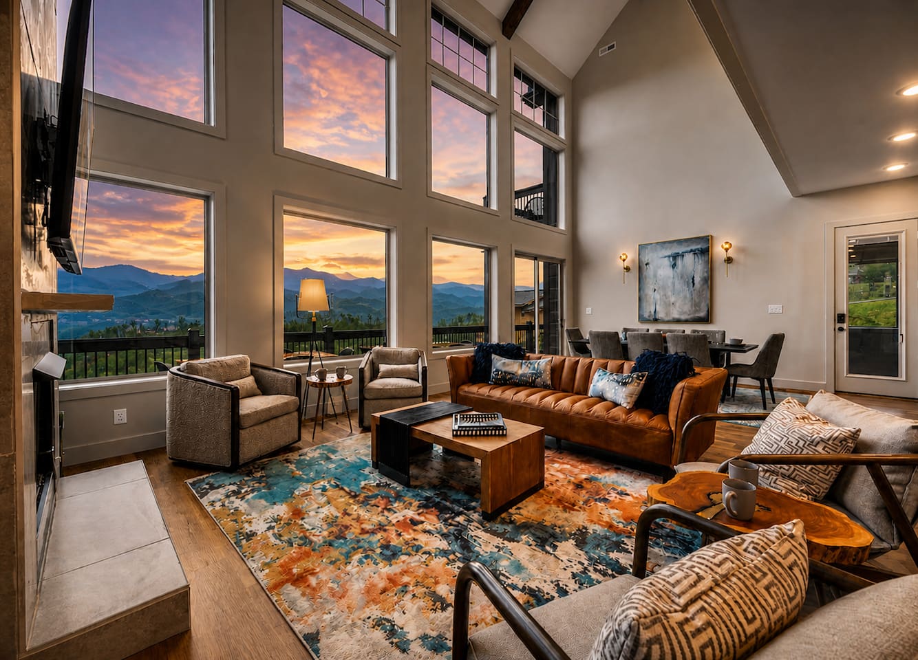 Gatlinburg Airbnb with inviting entry-level living room featuring cozy seating, modern decor, and natural light. Perfect for relaxing after exploring downtown Gatlinburg, Pigeon Forge & Great Smoky Mountains National Park. 