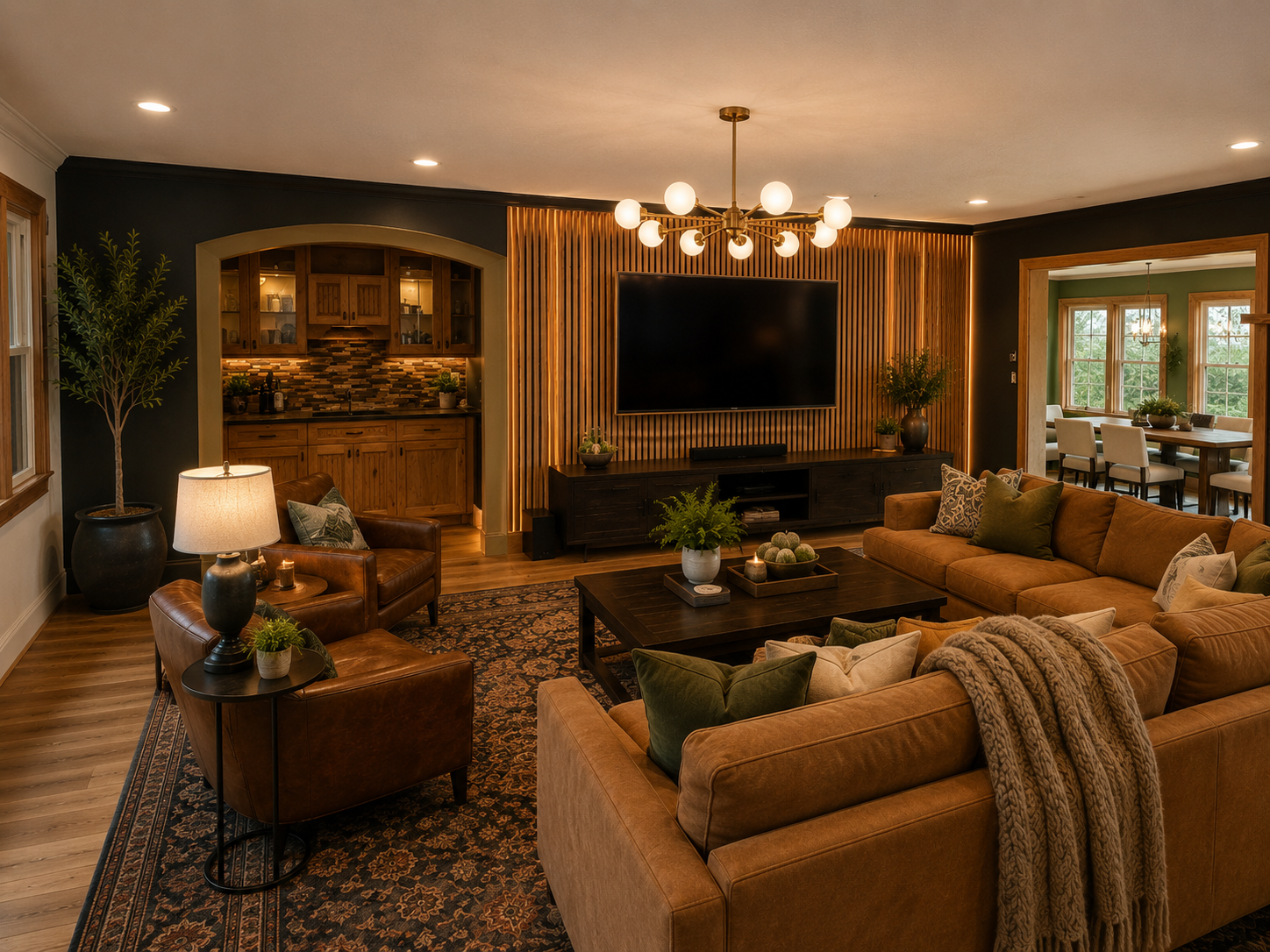 {Great Living Room} Cozy up after a day of waterfalls and hiking, where oversized seating, warm textures, and mountain lodge charm make every evening feel effortless.