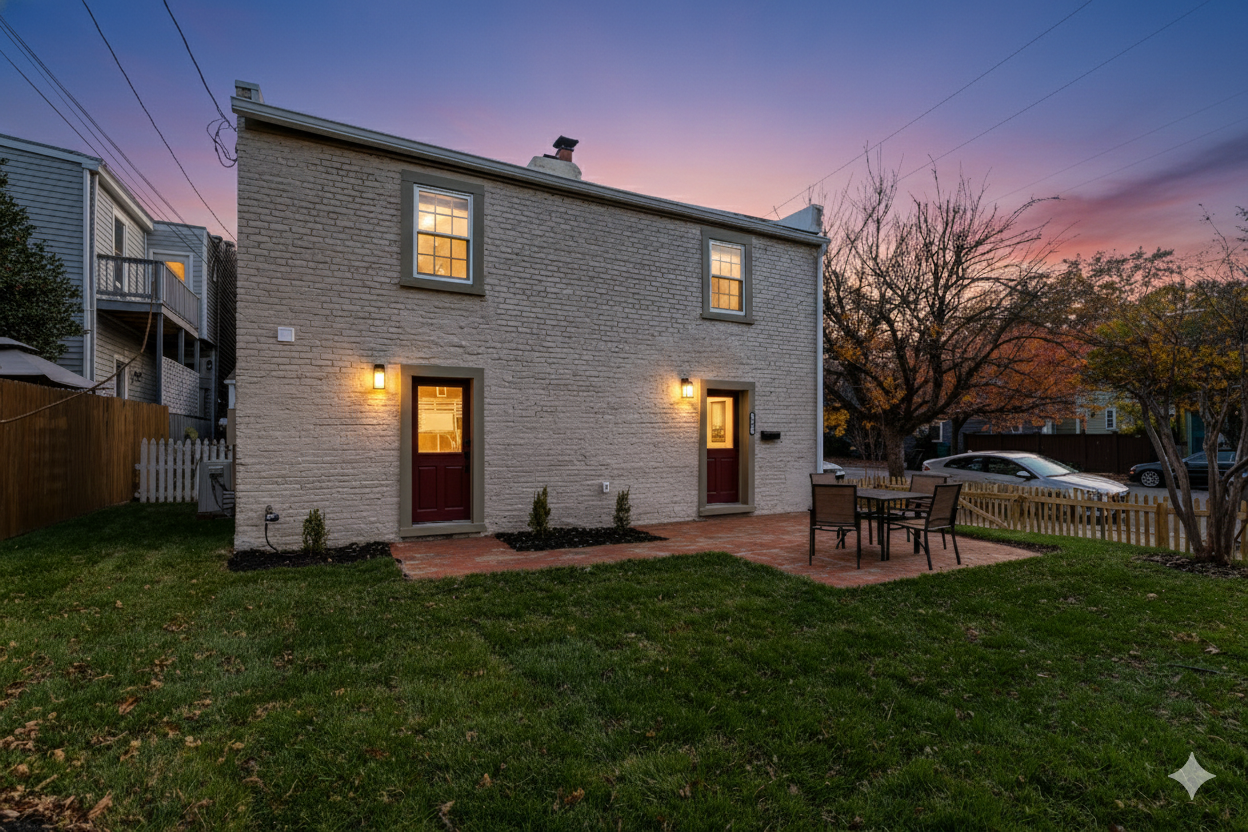 Charming Exterior: Enjoy outdoor dining in a vibrant, spacious yard with inviting seating!