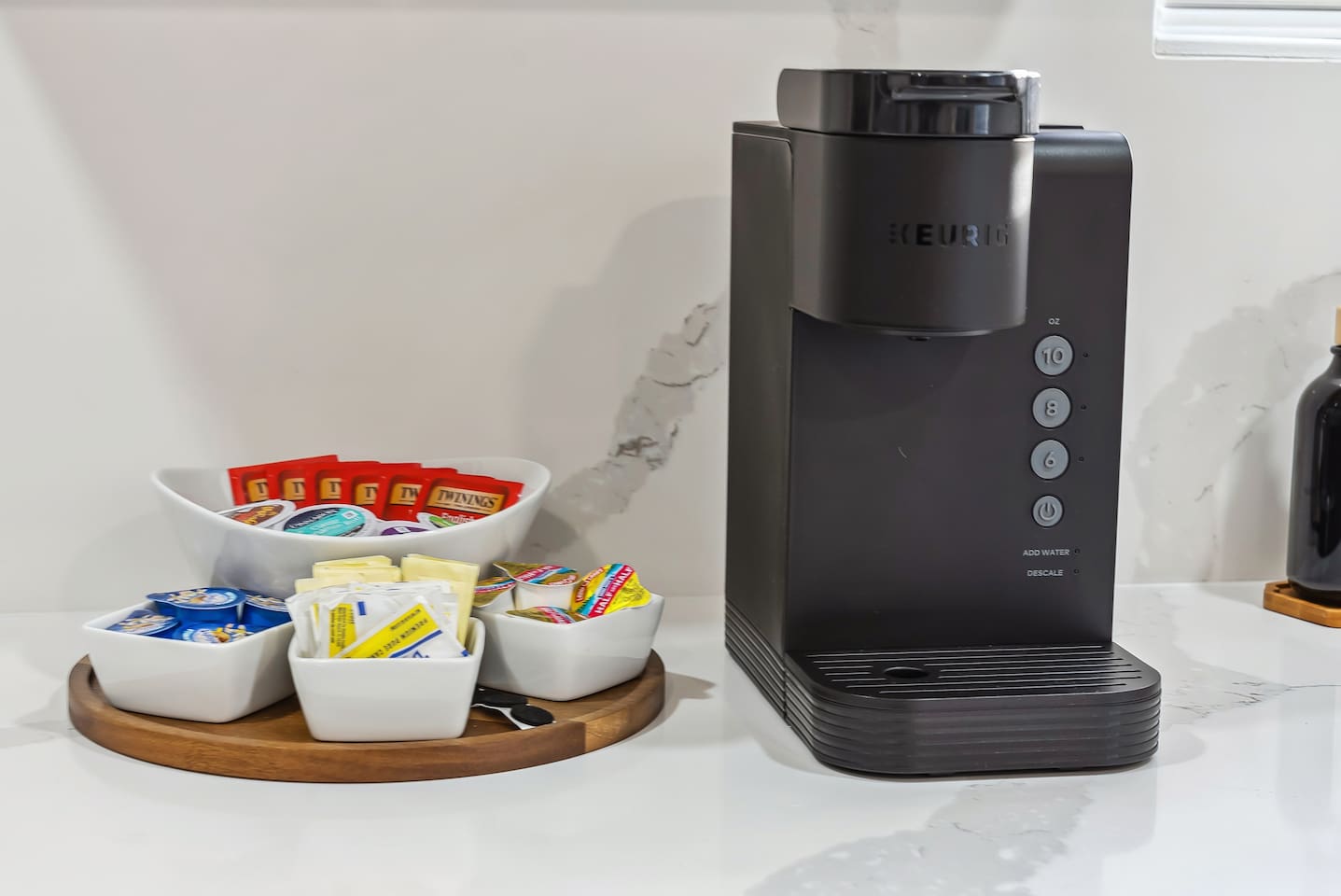 Coffee station with complimentary coffee, tea, sugar and creamer-enjoy!