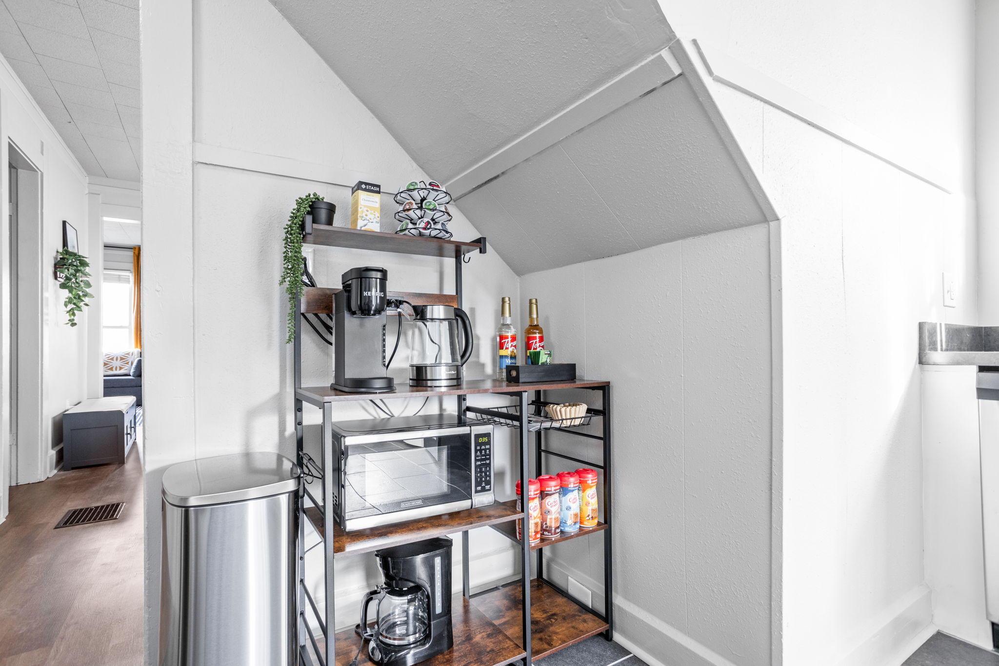 Wake up or relax with an assortment of coffee, tea and condiments.