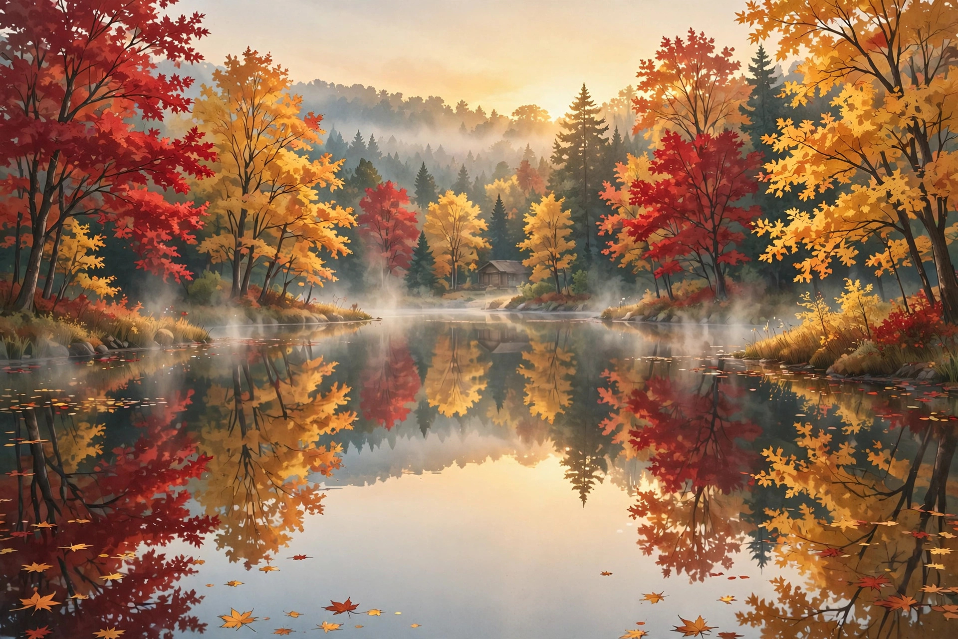 Private pond at La Crescenta reflecting autumn color at sunrise