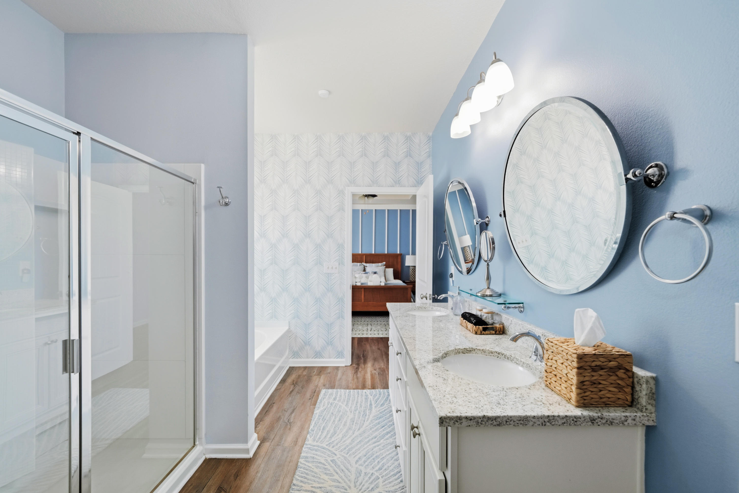 Dual sinks and generous counter space make mornings effortless for couples and families