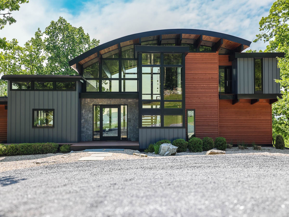 Front of Sunset Falls Estate in summer &mdash; modern mountain home, Berkshires