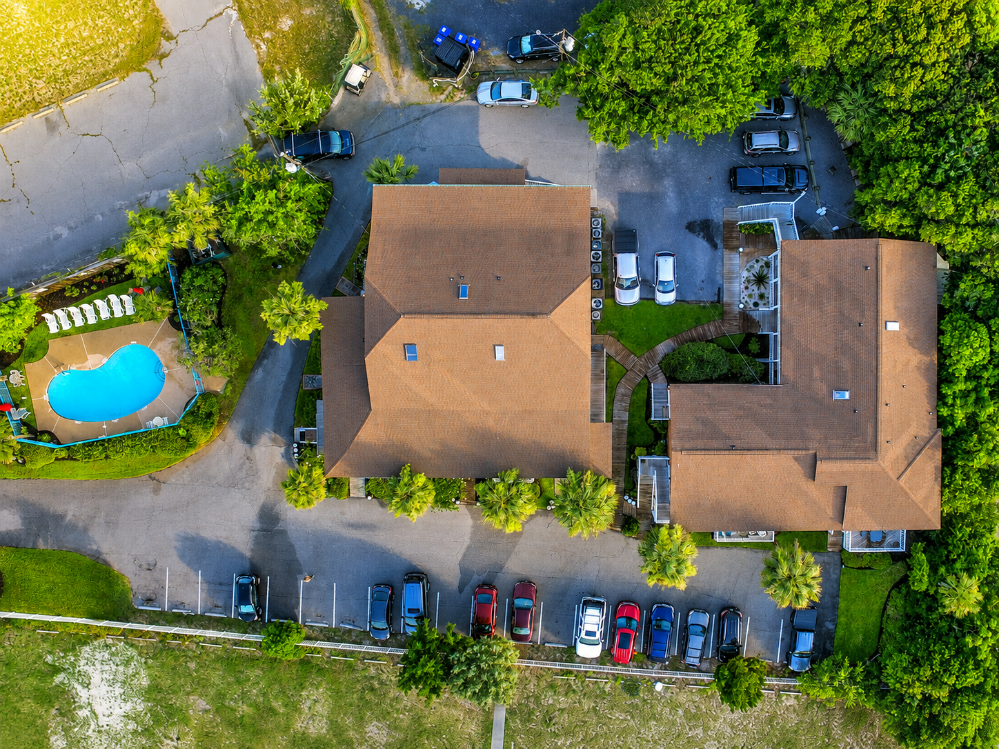 Unit 102 is center top of this photo, located on the back (quietest) side of the property