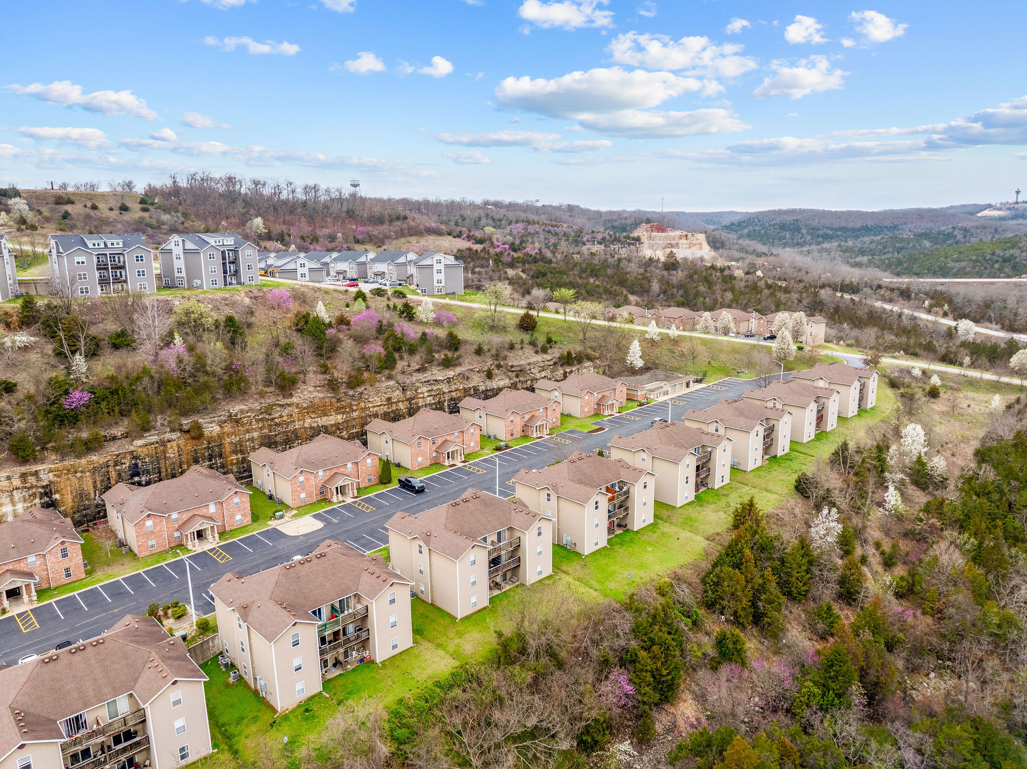 Community aerial view with valley surroundings