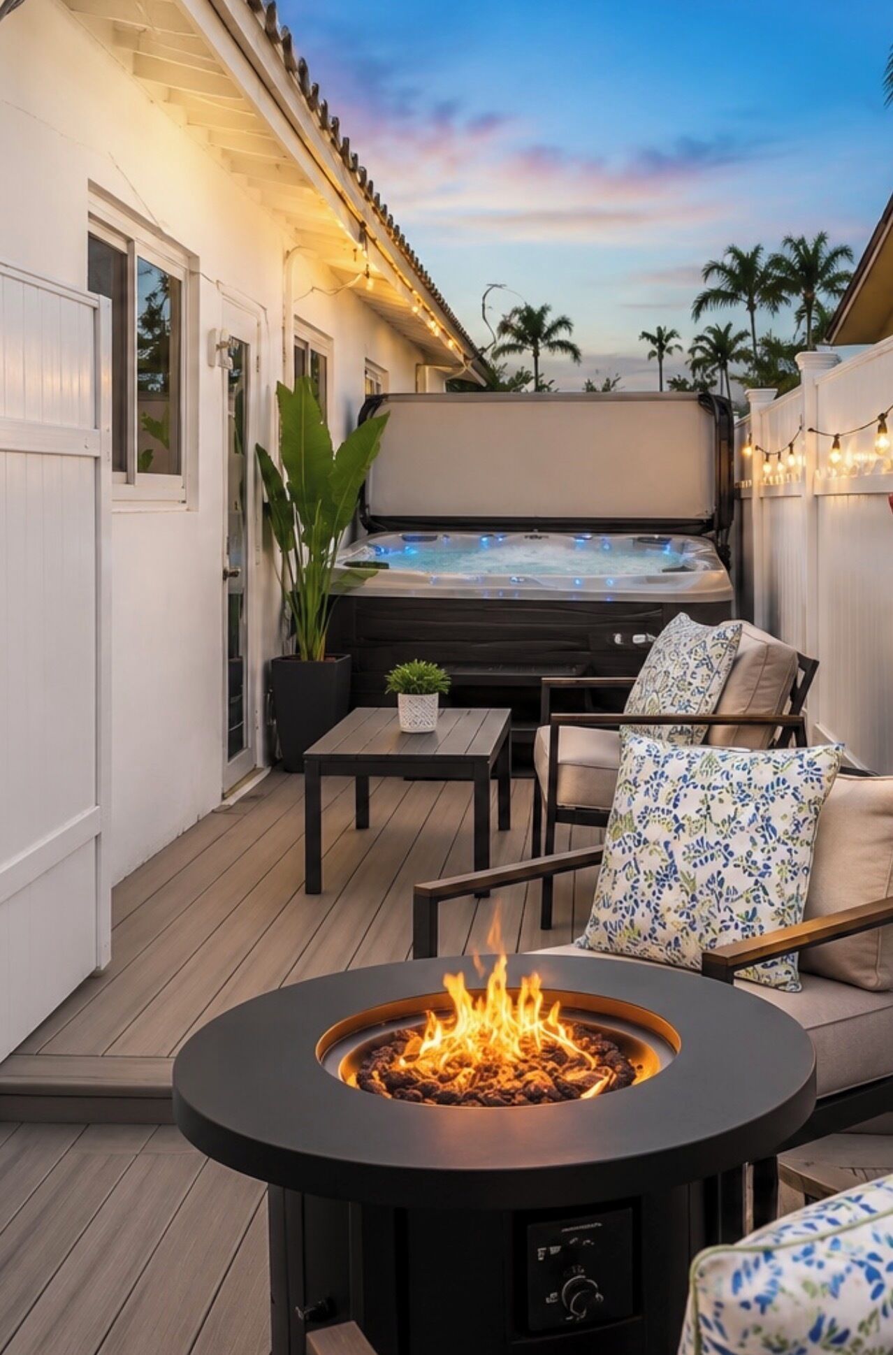 Private patio with fire pit seating and hot tub.  Perfect for relaxing after the beach or exploring Dania Beach or exploring and Fort Lauderdale.