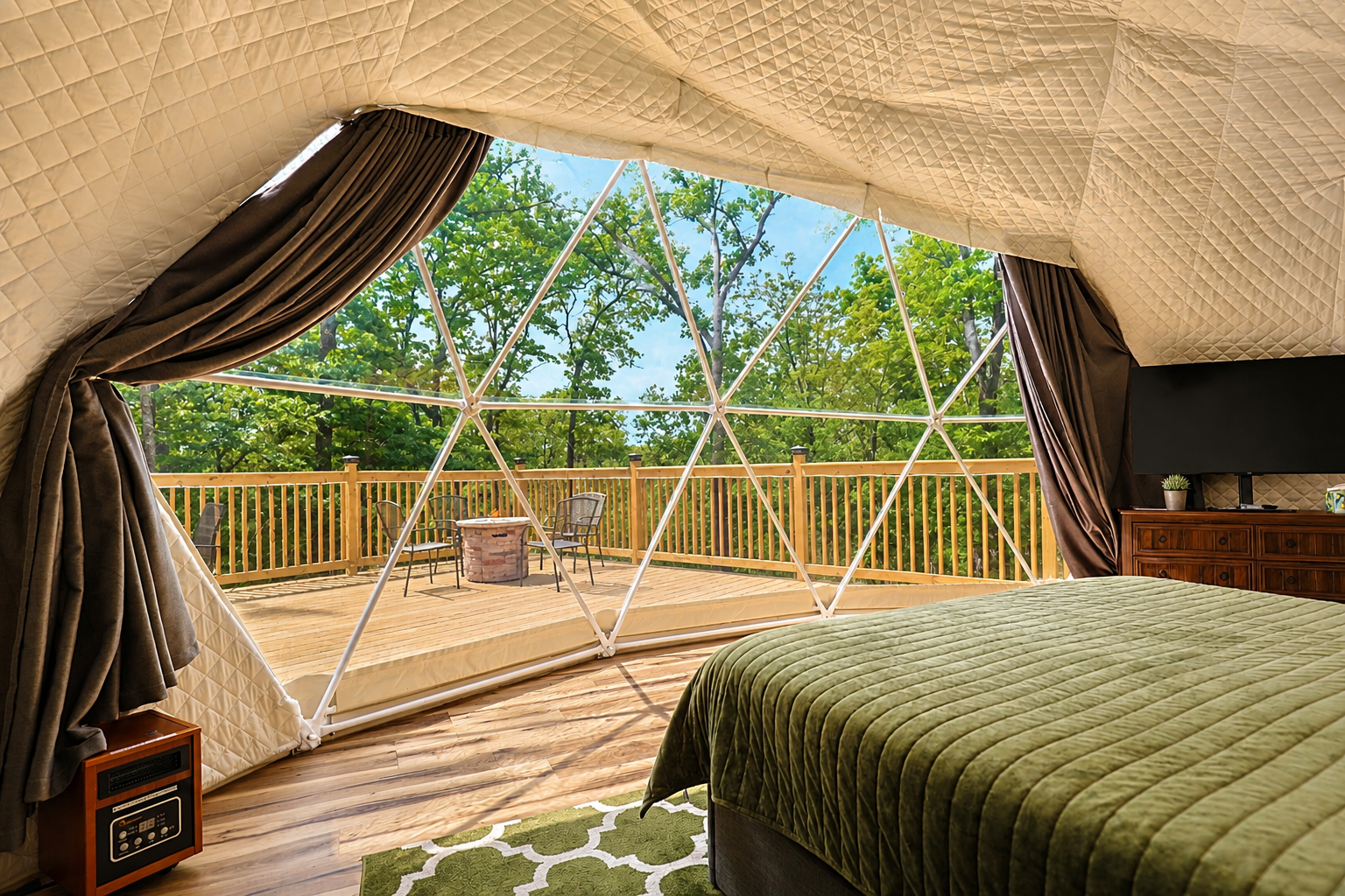 Wake up to green forest views from bed