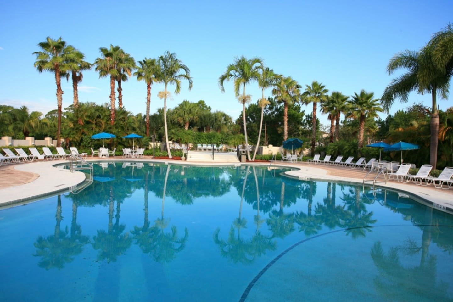 Resort-style community pool surrounded by palm trees, lounge seating, and tropical landscaping.