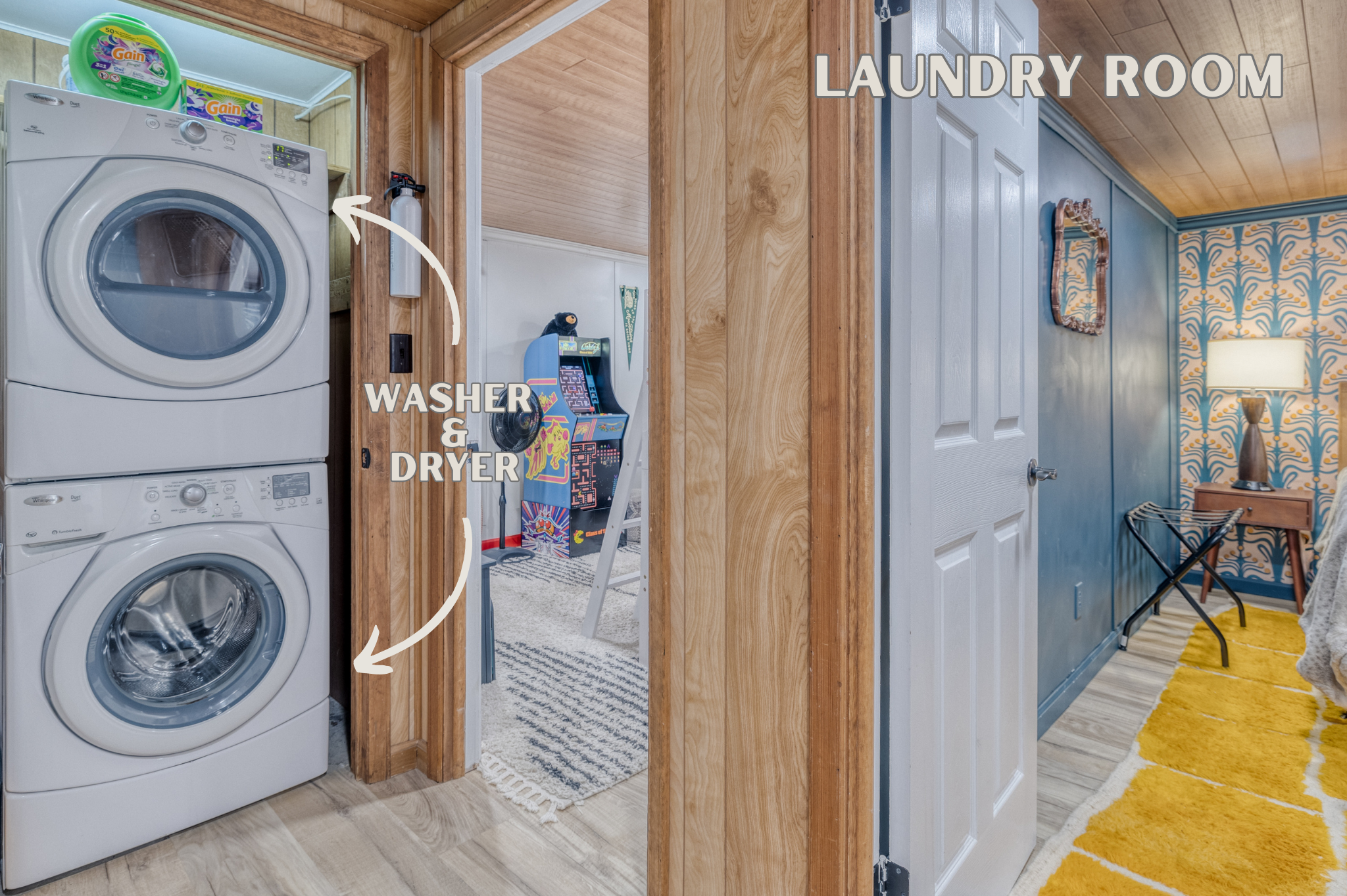 Enjoy the convenience of an in-house laundry room with a modern stackable washer and dryer, adjacent to the vibrant bedroom and arcade room.