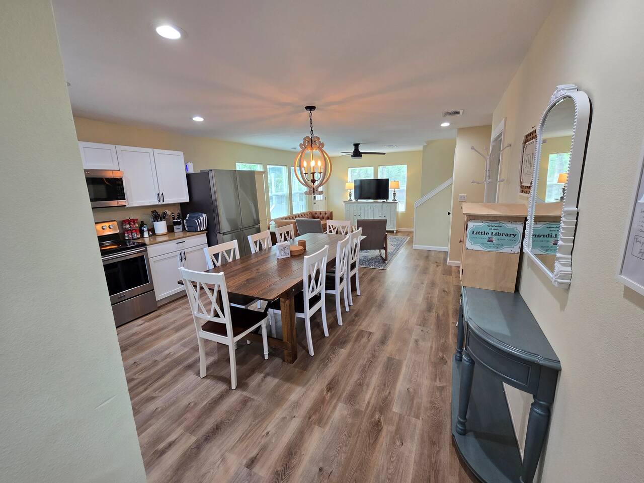 Dining table has plenty of seating for your meals and board games.