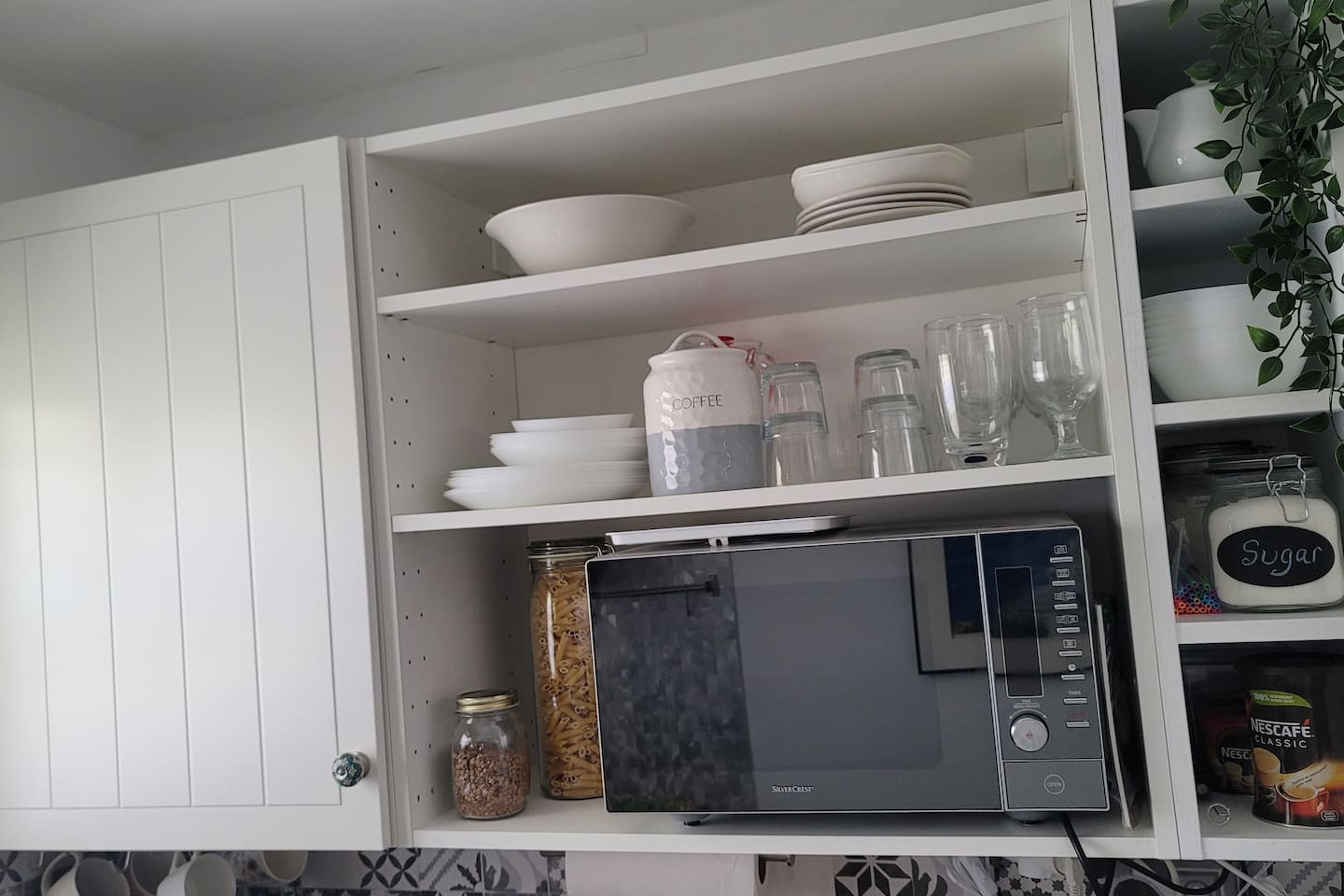 Dishes, serving dishes, assorted glassware, convection microwave oven, frappe whipper, teas and coffee