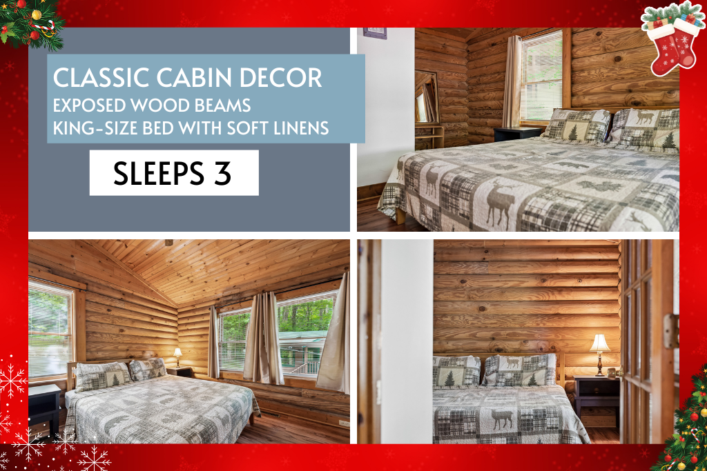 Rustic charm meets plush comfort in this king-bed retreat.