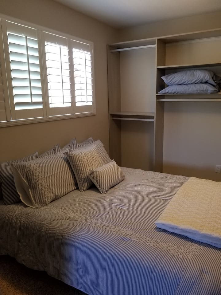 The Master walk-in closet serve as a 4th bedroom. This private master closet is huge  (used to be a  4th bedroom). Easily accommodates the available queen size auto blow-up bed or the rollaway twin, both stored on property.