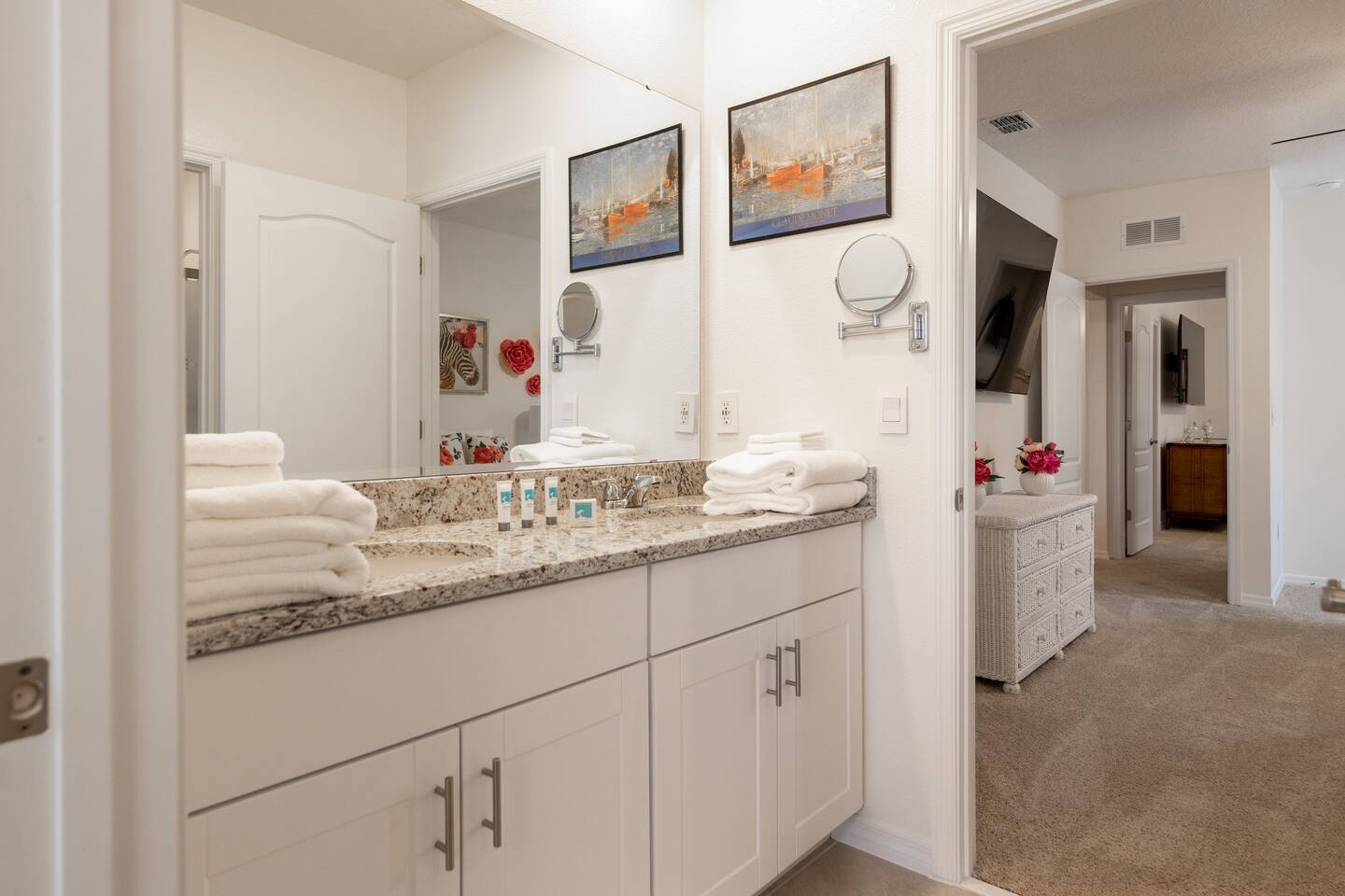 Connecting bathroom between two rooms. 