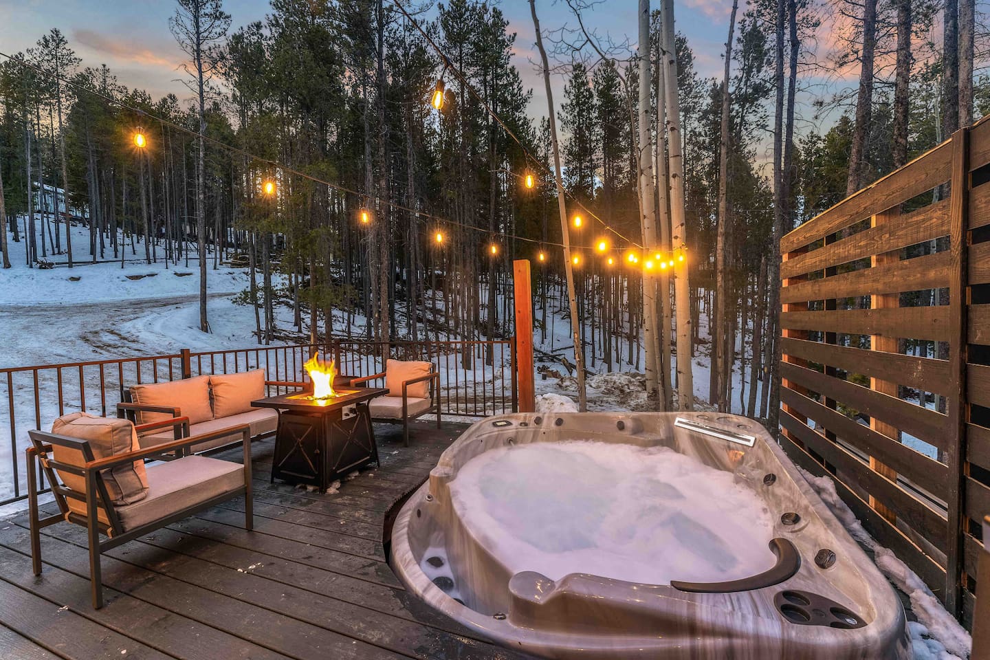 Deck with hot tub, BBQ, outdoor furniture and fire-pit