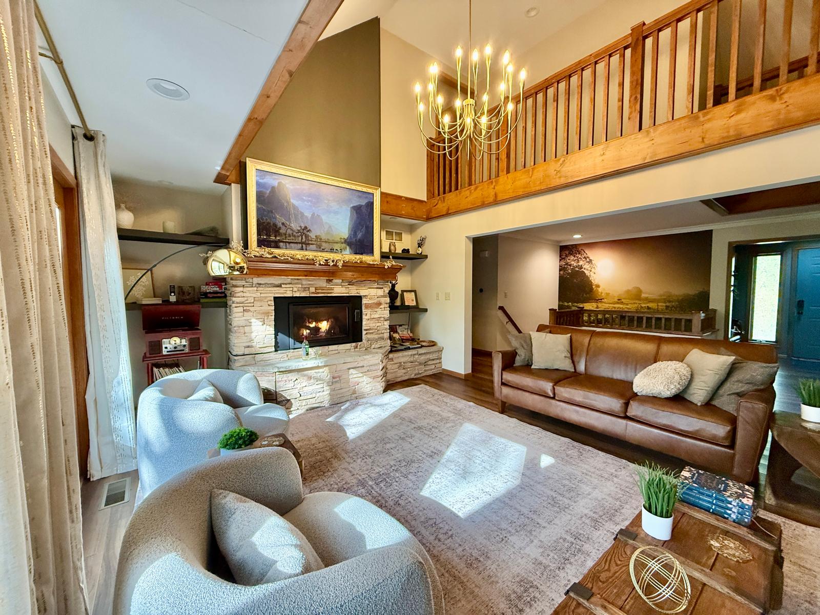 Inviting and cozy living room, mural from local photographer