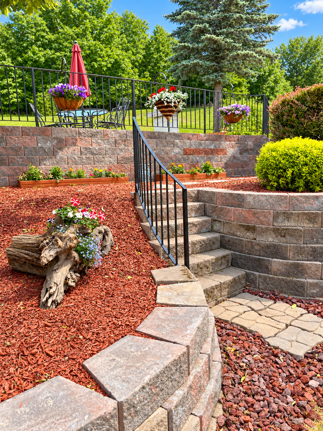 Terraced walkway from driveway to backyard with grill and pool