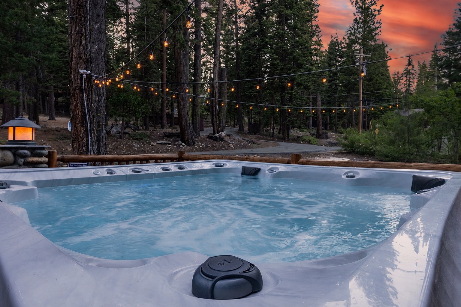 Hot tub under string lights
