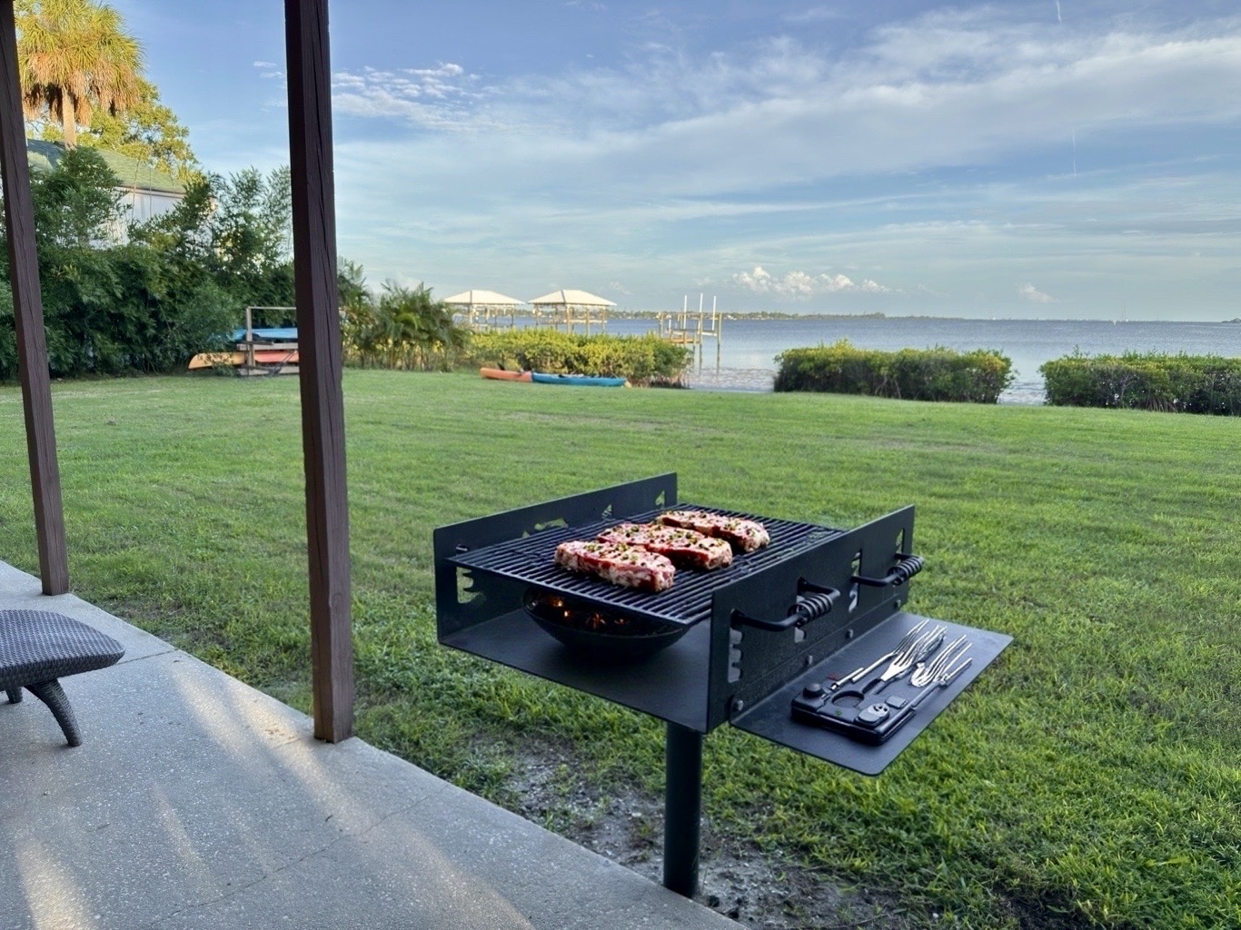 Peaceful grill area for evening cookouts with friends.